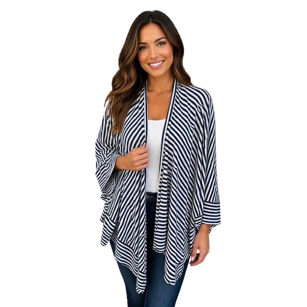 Talbots OSFM blue striped assymetrical shawl office teacher sweater EUC preppy